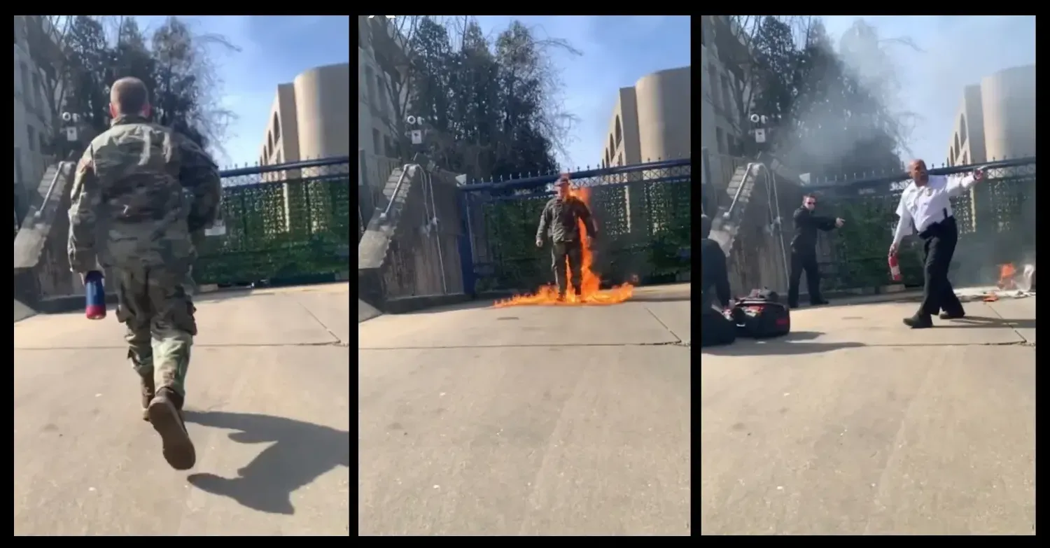 Left panel Bushnell walks away from camera, Middle panel Bushnell burning alive, Right panel security draw guns over his burning body.