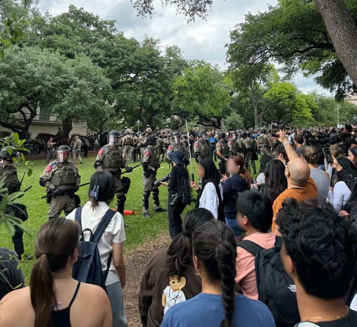 Student protesters at UT Austin face off with Texas police on 23 April 2024 [Image credit: Subramani]